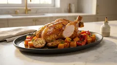 Honig-Hähnchenkeulen vom Blech mit Kürbis & Paprika – saftig und ohne viel Abwasch