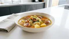 Deftige Gemüsesuppe mit Knoblauchwurst – so bleibt das Gemüse schön bissfest